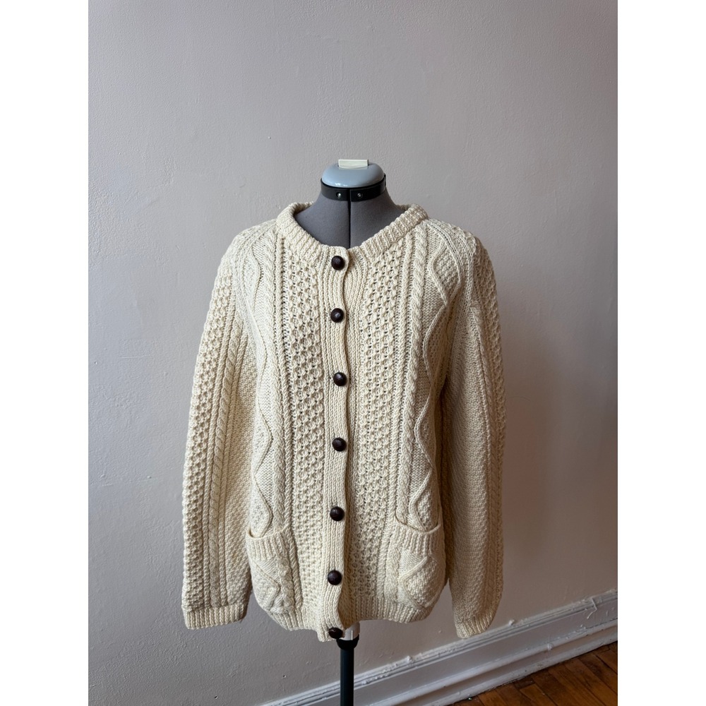 Vintage Irish Aran Cable Knit Cardigan – Cream Wool Sweater, Made in Ireland